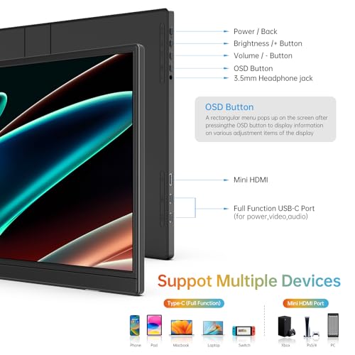 Image of ForHelp 14 Inch Portable Monitor FHD1200P Ultra-Slim for Laptop Monitor, USB-C&HDMI Plug&Play,100% SRGB,Dual Speakers Extender Display. Built-in Stand,for Laptop,PC Phone Xbox PS4 /5