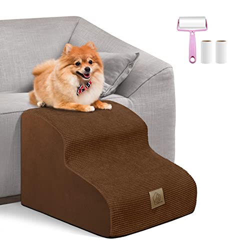 2-Tiers High Density Foam Dog Stairs For Indoor,Soft Pet Ramp Steps Stairs For Old Small Short Leg Dogs And Cats,Nonslip Bottom Washable Fabric Cover,1 Pcs Lint Roller With 2 Refills,Dark Brown #TOP3