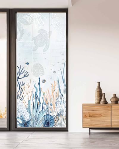 Summer Ocean Blue Stained Glass Window Film - Decorative Vintage Sea Turtle Coral Shell Conch Starfish Window Stickers - 35.4