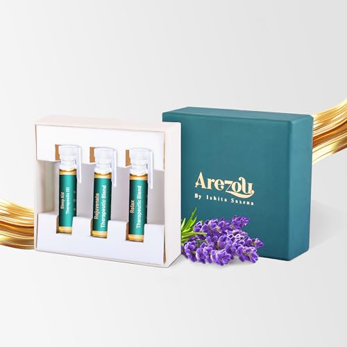 Image of Arezou Essential oil blend Gift Set - 100% Natural Aromatherapy blend for Sleep, Mood Upliftment & Relaxation | Soothing 3-Piece Wellness Kit for Men & Women | Gift for Office & Home