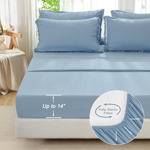 Image of Andency Oversized King Comforter Set with Sheets 120x120 Grayish Blue - 7 Pieces Boho Tassel Bed in a Bag Soft Lightweight Bedding Sets, Fringe Bed Set with Comforter, Sheets, Pillowcases & Shams