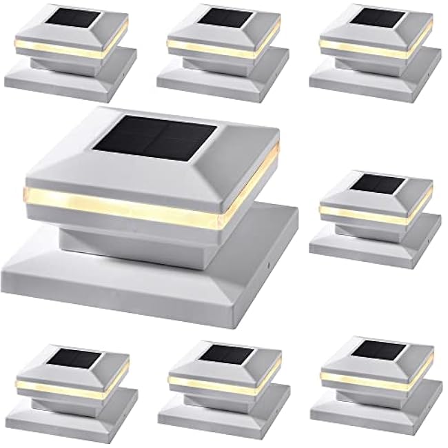 Dynaming 8 Pack Solar Post Lights, Outdoor Decorative Posts Cap Light, Solar Powered White Shell Caps, High Brightness Warm White SMD LED Lighting for Fence Deck Patio, Fit 4x4, 5x5 or 6x6 Wooden Post
