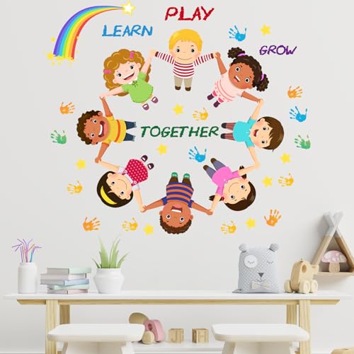 Kids Wall Decals for Classroom and Playroom – Colorful Learn Play Grow Together Stickers, Educational Rainbow & Diversity Wall Decor for Nursery, Daycare, Kindergarten and Preschool Rooms