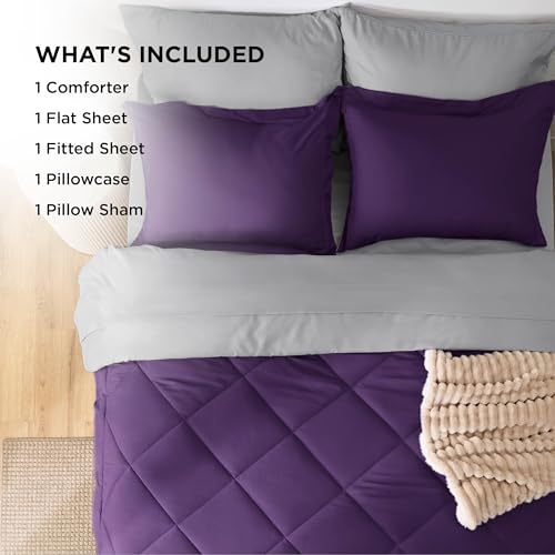 Image of Bedsure Twin Comforter Set - 5 Pieces Reversible Purple Bedding, Twin Size Bed Set for All Seasons, Bed in a Bag with Down Alternative Comforter, Sheets, Pillowcase & Sham