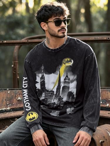 Image of Bewakoof X DC Batman Men's Cotton Printed Oversized Fit Full Sleeve Round Neck T-Shirt | Casual Wear | Street Wear | Oversized t Shirt for Men Cotton | Baggy