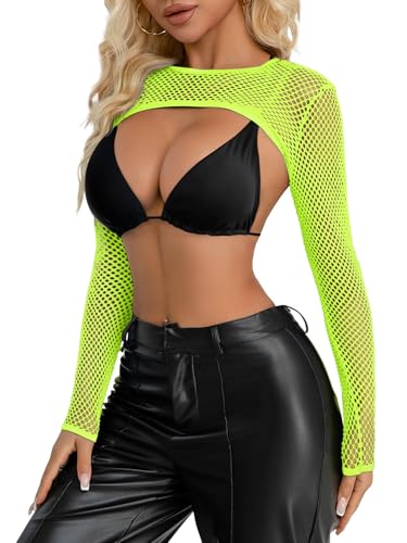 Image of Lilosy Sexy Fishnet Mesh Sheer Crop Top Long Sleeve Shrug Shirt Rave Outfits Cover Up One Piece(No Bra)