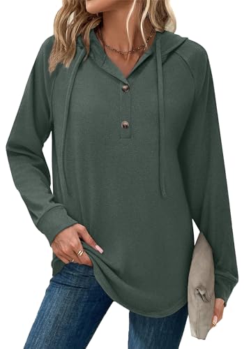 Hoodies for Women Long Sleeve Shirts Fall Fashion V Neck Sweatshirts with Buttons Casual Trendy Pullover Tops Dark Green