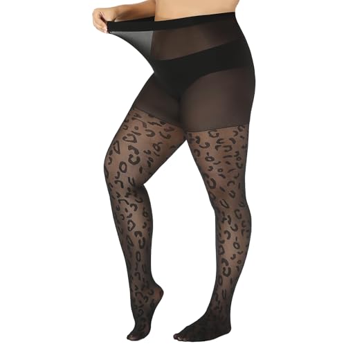 Yilanmy Plus Size Patterned Tights 40D Sheer Pantyhose High Waist Black Polka Dot Halloween Tights for Women