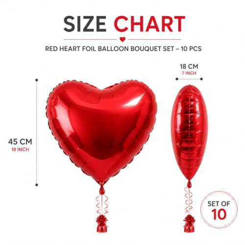 Image of Wanna Party Pack of 10 Red Heart Shaped Foil Balloons, Helium Quality Balloon Bouquet for Anniversary, Wedding, Proposal, Birthday & Romantic Party Decoration-18 inch