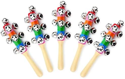 Molic 5 Pcs Christmas Hand Jingle Bells,Rainbow Handle Wooden Bells Shaker Rattle Children Musical Instrument Toys Baby Bells