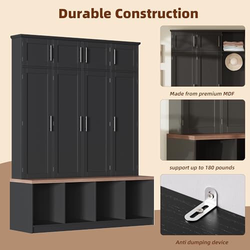 Image of Hall Tree with Bench and Shoe Storage Compartments, Particle Board Multi-Functional Entryway Cabinet with 4 Hanging Hooks, Black