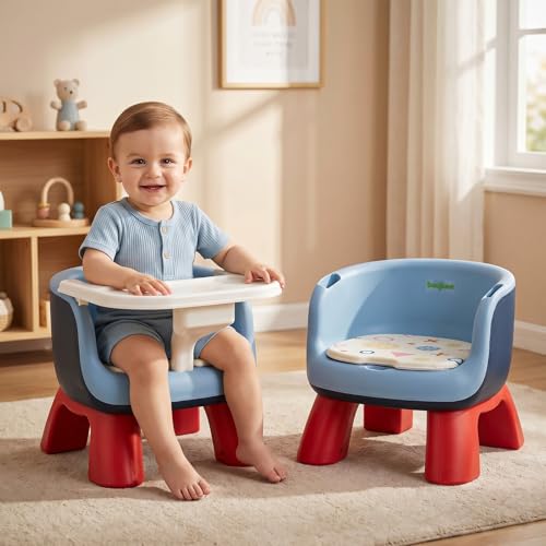 Image of Baybee Booster Chair for Baby with Detachable Food Tray, Anti-Slip Wide Legs & Soft Cushion Seat with Music | Portable Feeding Chairs for Kids Home & Travel - 0 to 3 Years (Blue)