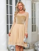 Fashora Cocktailkleid Langarm Glitzer Kleid Elegant, Creme, L – Ansicht 2