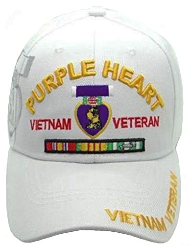 Purple Heart Baseball Cap with Vietnam Veteran, White Hat, Includes a Bumper Sticker