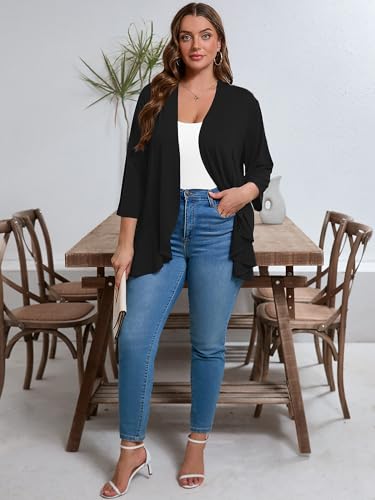 AusLook Women's Plus Size 3/4 Sleeves Lightweight Open Front Cardigan Draped Ruffles Shawls and Wraps Shrugs Kimono Jacket4