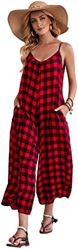 BUENOS NINOS Women's V Neck Floral Maxi Dress Boho Printed Adjustable Spaghetti Strap Ethnic Beach Long Dress with Pockets L Red Black Buffalo Plaid Jumpsuit