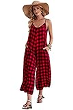 BUENOS NINOS Women's V Neck Floral Maxi Dress Boho Printed Adjustable Spaghetti Strap Ethnic Beach Long Dress with Pockets S Red Black Buffalo Plaid Jumpsuit