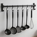 FINELYCR Hakenleiste Küche 40 cm, Aluminium Hängeleiste Küche, Stange für Küchenutensilien mit Beweglichen Haken, Multifunktionales Küchenreling Schwarz, für Küchen, Bad und Flur
