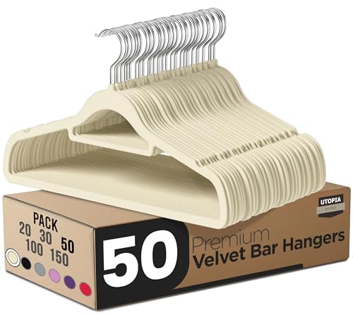 Utopia Home - Antirutsch-Kleiderbügel aus Samt - rutschfeste und strapazierfähige Kleiderbügel aus Samt mit Krawattenhalter - Stark genug, Jacken und Pullover zu halten (Elfenbein, 50er-Pack)