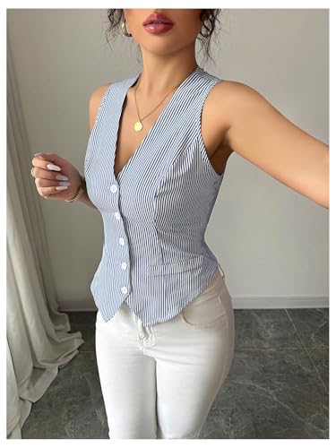 GORGLITTER Women's Striped Button Up Vest Tops Sleeveless Work Office Waistcoat Suit Vest Blazers2