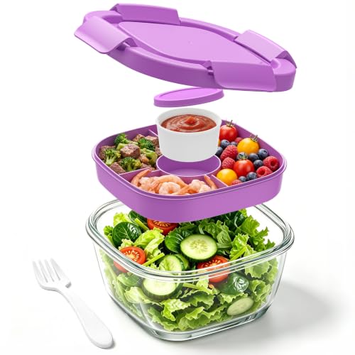 Image of Glass Salad Container,56oz Salad Bowl To Go for Lunch with Airtight Lid,Leak-Proof Sauce Container,4-Compartment Bento Tray & Reusable Fork - BPA-Free Glass Lunch Box for Meal Prep,Office(Purple)