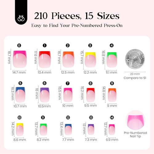 Image of Beetles Summer Press On Nails 210 Pcs 7 Colors, French Tip Nails Short Square Classic Fake Nail Tips, Rainbow Soft Gel Nails False Nails Art DIY For Women