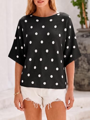 Image of Cicy Bell Womens Oversized Short Sleeve Sweaters Tops Knit Fall Pullovers | Half Sleeve Trendy Casual Loose Fit Sweater, Heart&ploka dot&floral pattern,Knitted Boat Neck Work Top for Teachers