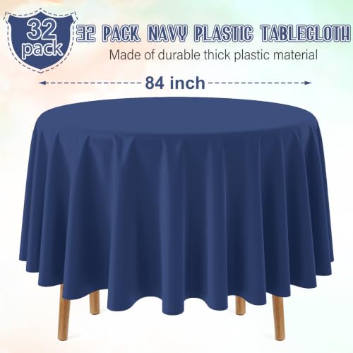 Image of 32 Pack Navy Blue Plastic Tablecloth for Round Tables, Premium Decorative Navy Blue Disposable Table Cloths for Parties, Navy Round Party Table Cover for Birthday Wedding Banquet Event, 84 Inch