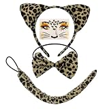 Juego de 4 piezas de disfraz de leopardo, orejas de leopardo, diadema con cola y pajarita, cara de leopardo, pegatinas artísticas, disfraz de animal para niños y mujeres, accesorios de fiesta para