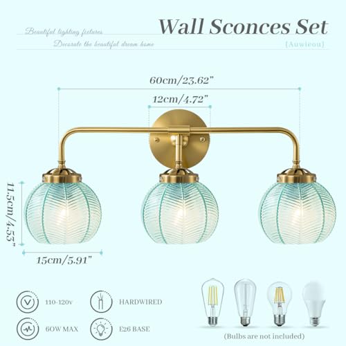 Image of Modern Gold Bathroom Wall Lights with Blue Glass Globe, 3-Light | Mid Century, Vintage, Wall Sconce, Bathroom Vanity Lights, E26, Easy Install, Blue Globe Shade, Bedside, Bedroom, Doorway