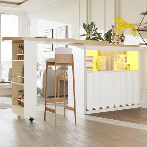 Merax Mesa de bar con espacio de almacenamiento, con 2 puertas y puertas correderas de cristal, iluminación LED inteligente y función de carga, isla de cocina con encimera extensible, con función