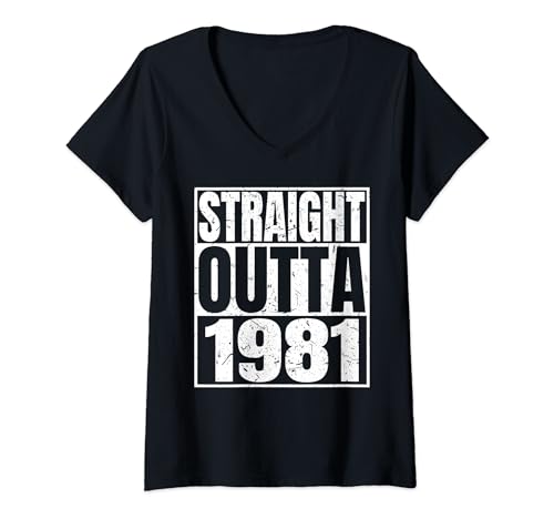 Straight Outta 1981 Retro Birthday Idea Born In 1981 Vintage V-Neck T-Shirt