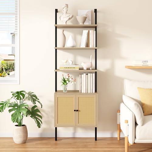 Yusong 73" Tall Bookshelf with Cabinet, Industrial Ladder Wall Mount Shelf Rattan Bookcase with Wood and Metal Frame, Plant Shelf Wall Storage Display for Living Room Bedroom,Light Ivory Brown - Image 3