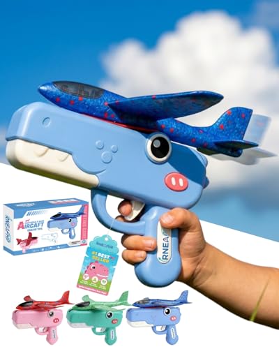 Cute Dinosaur Airplane Launcher Toy Foam Glider Planes Outdoor Flying Catapult Gun Aircraft Toy Lightweight Easy Launch Long Distance 33-59ft Play Gift for Birthday Fun Soft Foam Airplanes(Blue)