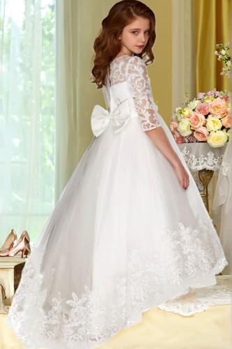 Lace Tulle Flower Girl Dresses for Wedding Long Sleeves First Communion Dress Princess Pageant Ball Gowns with Bow4