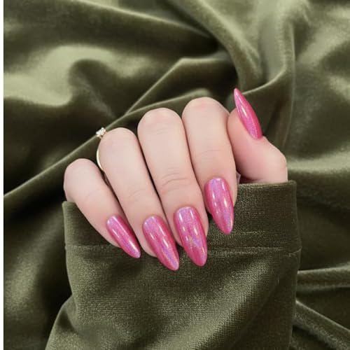Image of 24 Pcs Reusable Press On Nails Fake Nails with Glue and Kit|Rose Pink Glitter Stiletto Press On Nails | Shimmer Metallic Pink Fake Nails | Long Almond Acrylic Look | Reusable Stick On Nails for Women|
