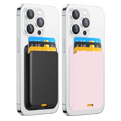 ZoyiNsgu 2 Pack Phone Card Holder, Premium Leather Wallet Stick on, Adhesive Credit Card Holder for Case, Sticky Wallet for Back of Cover, Android Cell Phone, iPhone, Fit 4 Cards, Black&Baby Pink