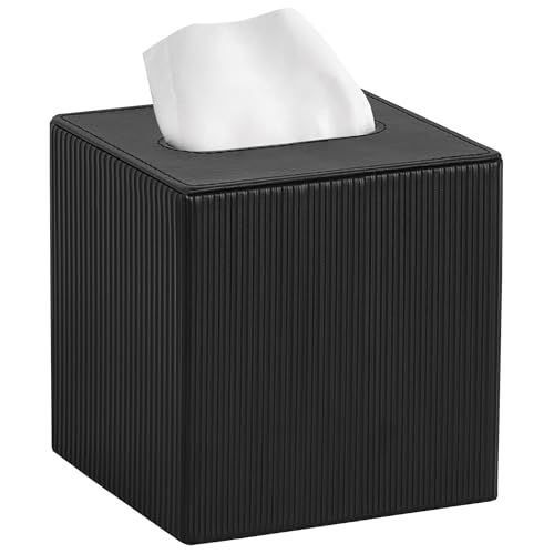 Mkono Tissue Box Cover PU Leather Square Tissue Box Holder with Bottom Decorative Facial Cube Organizer for Bedroom Bathroom Dresser Vanity Countertop Night Stands Home Office Desk (Black)