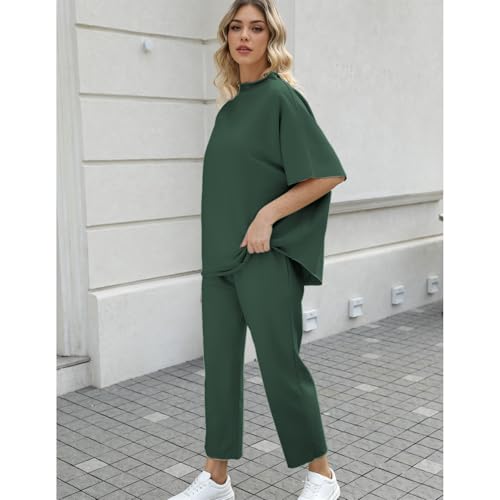 Image of SeeLuNa Women's Two Piece Outfits 3 /4 Batwing Sleeve Capelet Crew Neck Pullover Top Wide Leg Pants Lounge Set