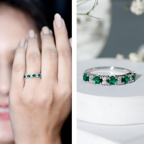 Certified Lab Grown Emerald Half Eternity Ring, AAAA Quality, Emerald Diamond Anniversary Ring - Gift For Women2
