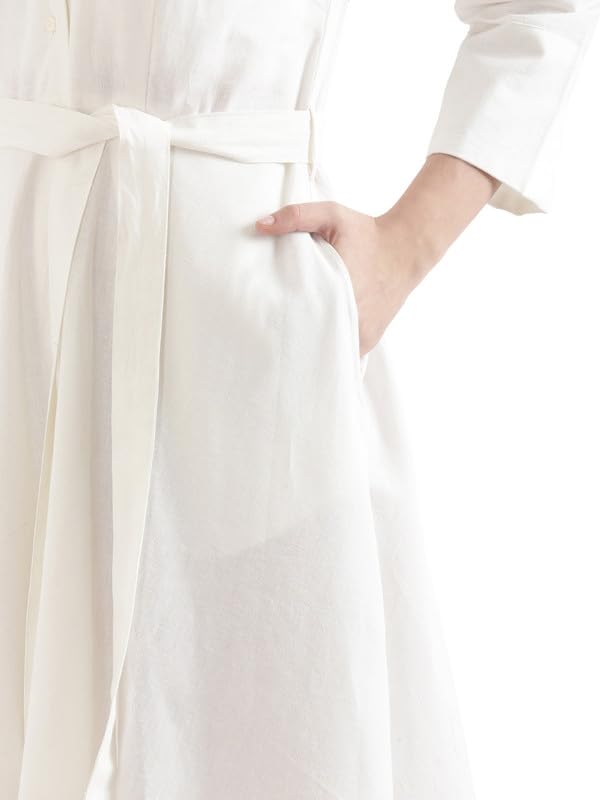 Image of SAADAA Women Cotton-Linen Blend Flared Dress | Midi Dress with 3 /4 Sleeves, Adjustable Waist Belt & Pockets | Below Knee Casual Dress for Office, Travel & Everyday Wear