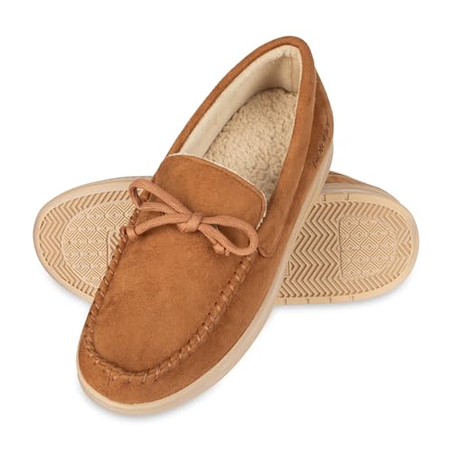 Image of Isotoner Men's Slip-On Indoor /Outdoor Essential Microsuede Boater Moccasin with Memory Foam Comfort Slipper, Cognac, Large