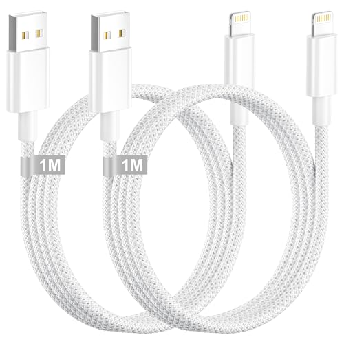 Cable Cargador iPhone 1M 2Pack [Certificado Apple MFi], Cable iPhone Carga Rapida Cable Lightning USB Nylon Trenzado cable iPhone USB Lightning Cable para 14 13 12 11 Pro Max/XS/XR/X/8/7/6/5/SE/iPad