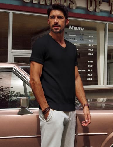 PJ PAUL JONES Men's T-Shirts Modern Fit V Neck Knit Shirts Textured Herringbone Knitwear2