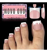 NOVO OVO French Tip Toe Nail Tips Press on, Sharp Square Pre-Designed Soft Gel False Toenail Exte...