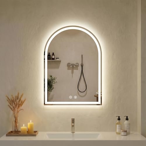 Image of NEWBULIG Arched LED Bathroom Mirrors with Lights 20 inchx28 inch LED Mirror for Bathroom,Led Vanity Mirror, Anti-Fog,LED Mirrors with Light, Anti-Fog, Dimmable, 3 Color, Shatterproof, Touch Sensor
