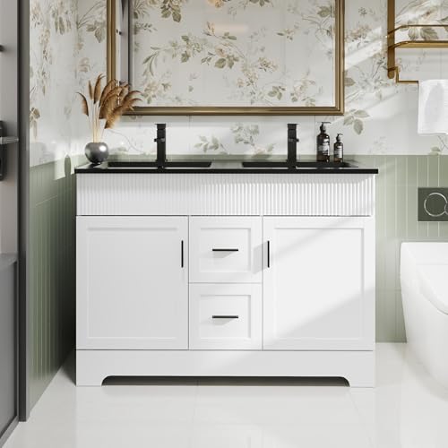 Image of eclife 48 inch Bathroom Vanities Sink Combo with Painted Surface, Modern Drawered Cabinet W /Decorative Wave Lines, Undermount Double Black Sink, Matte Black Faucet Drain, White