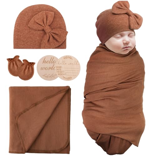 Image of AQOKKA Newborn Receiving Blanket with Bow Hat Mittens Wooden Card Set Newborns Toddler Baby Boy Girl Nursery Swaddle Wrap