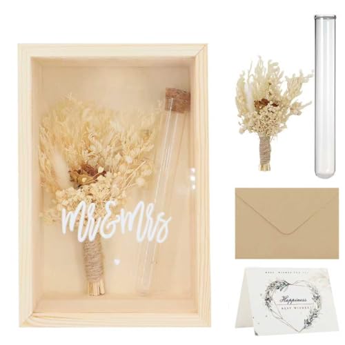 Geldgeschenk Box zur Hochzeit – Holzbox mit „Mr & Mrs“ Gravur, Trockenblumen, Reagenzglas &...