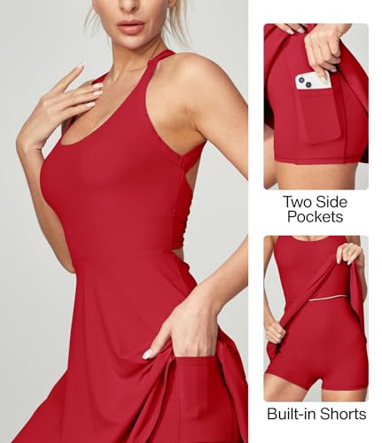 Image of Heathyoga tennis dress with built in shorts and bra athletic dresses for women summer dresses for women cut out twist cut out summer dresses, Red, S